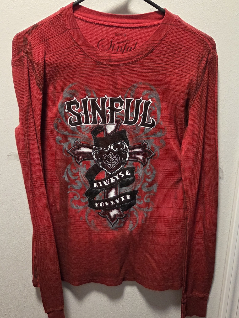 Affliction Red Long Sleeve Sinful Graphic Thermal Tee